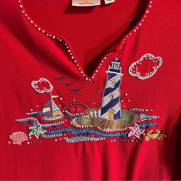 Quaker Factory Red Beaded Embroidered Lighthouse Nautical Themed Top Size Large - Picture 8 of 8